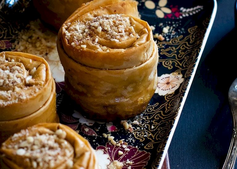 Almond and walnut baklava scrolls